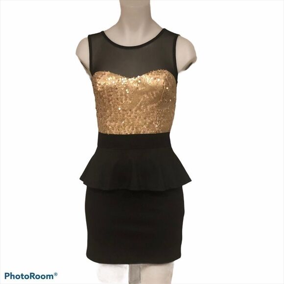Black & Gold Sequin Peplum Dress Size M - Picture 1 of 4